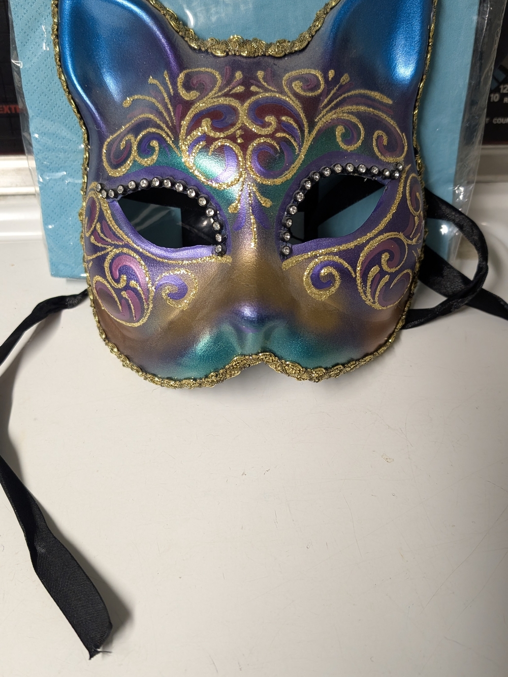 Pier 1 Iridescent Teal, Purple & Gold Cat Hand Painted Eye Masquerade Mask
